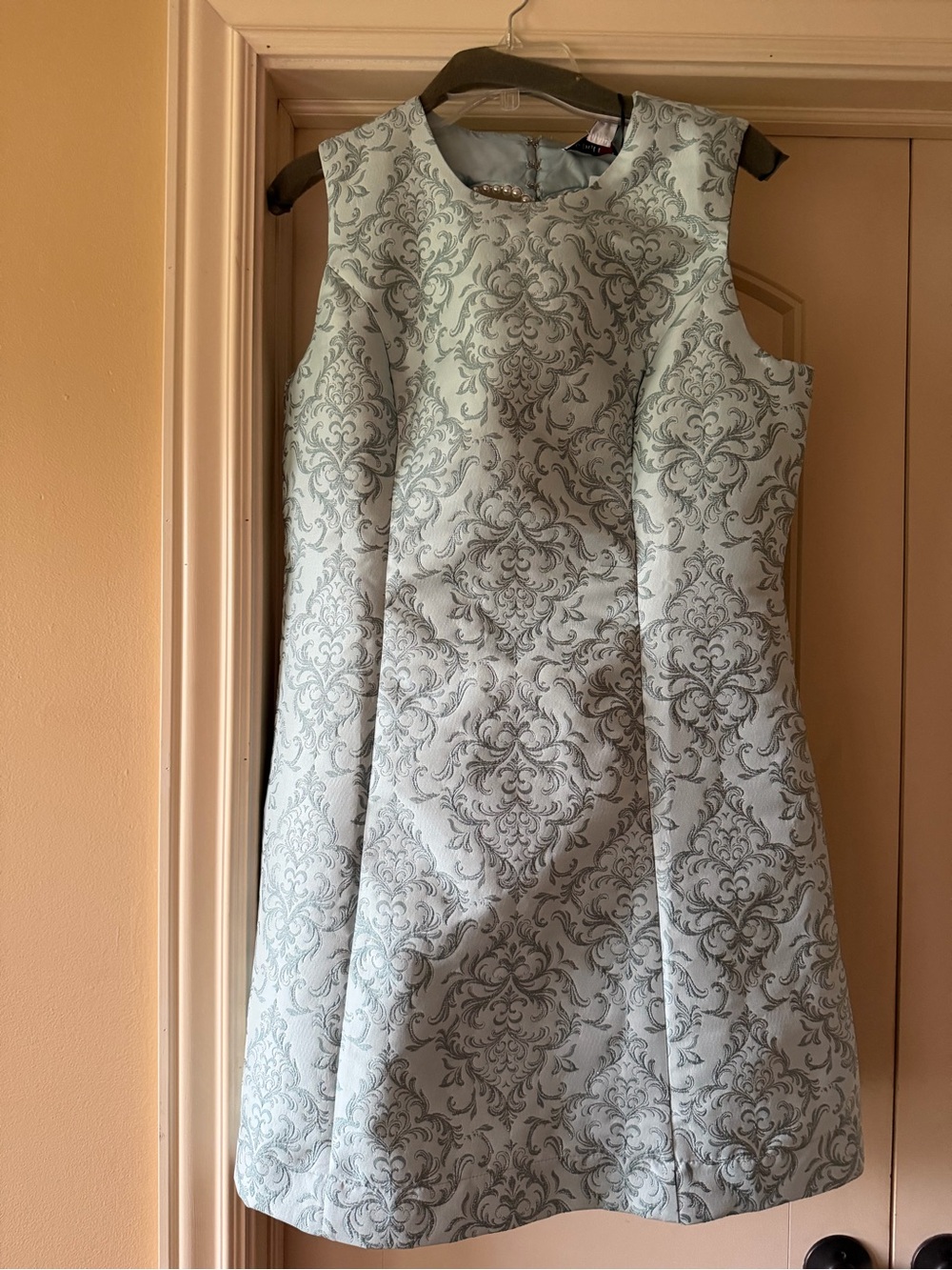 Sleeveless Brocade Mini Dress in Light Blue and Silver
